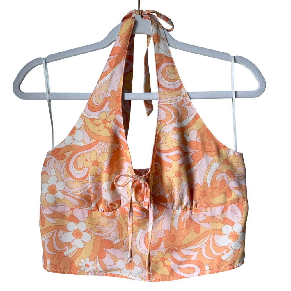 Hollister Orange Floral Halter Top Smocked‎ Back Bow Retro Cropped Boho Large